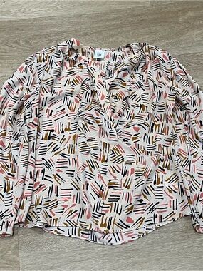 CAbi Pink, Black & Gold Abstract V-Neck Long blouse